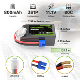 2× OVONIC 11,1 V 80C 800 mAh 3S LiPo-Akku mit EC2-Stecker für Micro FPV Tinywhoop Cinewhoop Drohnenhubschrauber